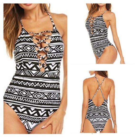 Ekouaer Cage Front Black/White Tribal Print One-piece Swimsuit - Picture 1 of 16